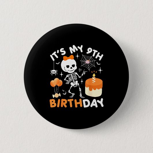 Its My 9th Birthday Funny Halloween Skeleton 9 Bir Ronde Button 5,7 Cm (Voorkant)