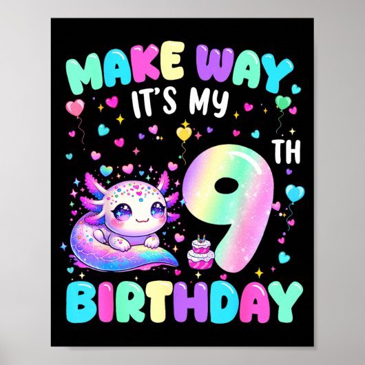 It's My 9th Birthday Girl Cute Axolotl 9 Year Old  Poster (Voorkant)