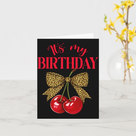 It's My Birthday Cute Cherry Leopard Coquette Bow Kaart (Gele Bloem)