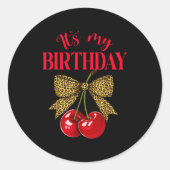 It's My Birthday Cute Cherry Leopard Coquette Bow  Ronde Sticker (Voorkant)