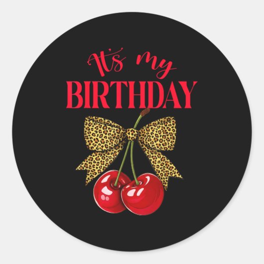 It's My Birthday Cute Cherry Leopard Coquette Bow  Ronde Sticker (Voorkant)