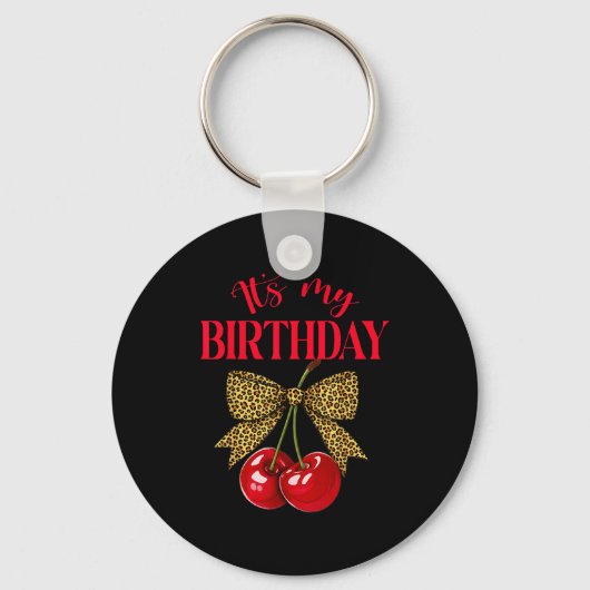It's My Birthday Cute Cherry Leopard Coquette Bow  Sleutelhanger (Voorkant)