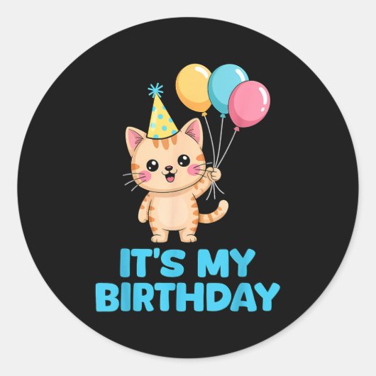 Its My Birthday Kawaii Cat Ronde Sticker (Voorkant)
