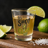 It's "Shot O'clock" typography fun shot glass. Glas
