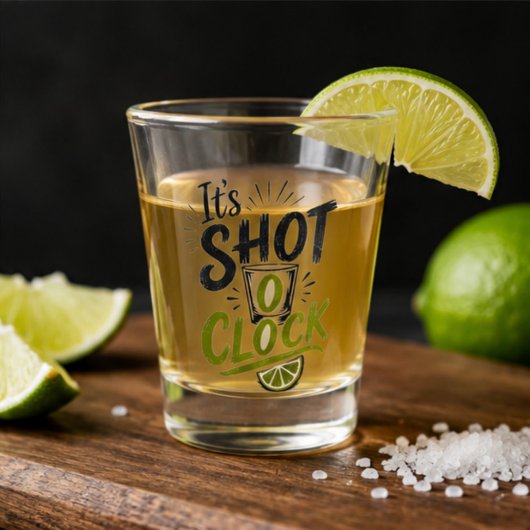 It's "Shot O'clock" typography fun shot glass. Glas