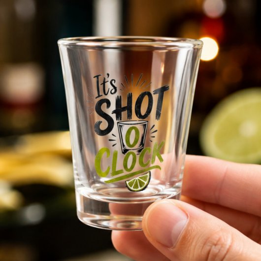 It's "Shot O'clock" typography fun shot glass. Glas
