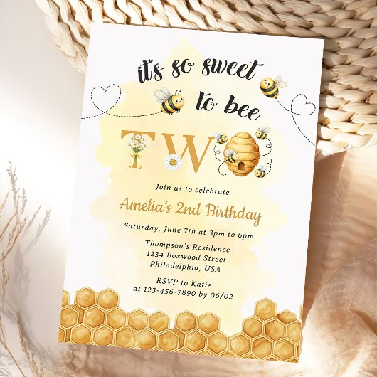 It's So Sweet To Bee 2nd Birthday Invitation Kaart