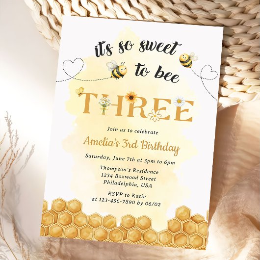 It's So Sweet To Bee 3rd Birthday Invitation Kaart