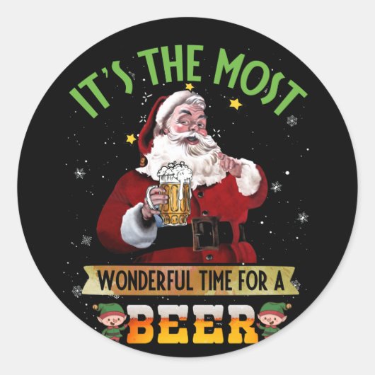 Its The Most Wonderful Time For A Beer Santa Ronde Sticker (Voorkant)