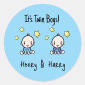 It's Twin Boys!, Blue, Personalized Twin Babies  Ronde Sticker (Voorkant)