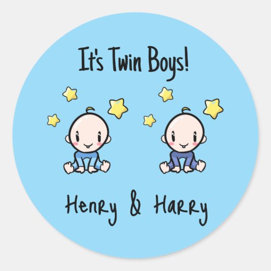 It's Twin Boys!, Blue, Personalized Twin Babies Ronde Sticker (Voorkant)