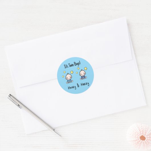 It's Twin Boys!, Blue, Personalized Twin Babies  Ronde Sticker (Envelop)