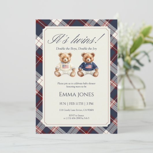 Its Twins Double Plaid teddy bear Baby Shower Kaart (Staand voorkant)