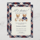 Its Twins Double Plaid teddy bear Baby Shower Kaart (Voorkant / Achterkant)