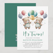 IT'S TWINS Green Balloons Teddy Bears Baby shower Kaart (Voorkant / Achterkant)