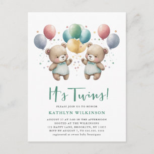 IT'S TWINS Green Balloons Teddy Bears Baby shower Uitnodiging Briefkaart