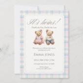 Its Twins Pastel Plaid Teddy Bear Baby Shower Kaart (Voorkant)