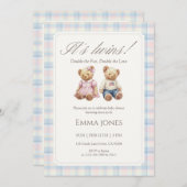 Its Twins Pastel Plaid Teddy Bear Baby Shower Kaart (Voorkant / Achterkant)