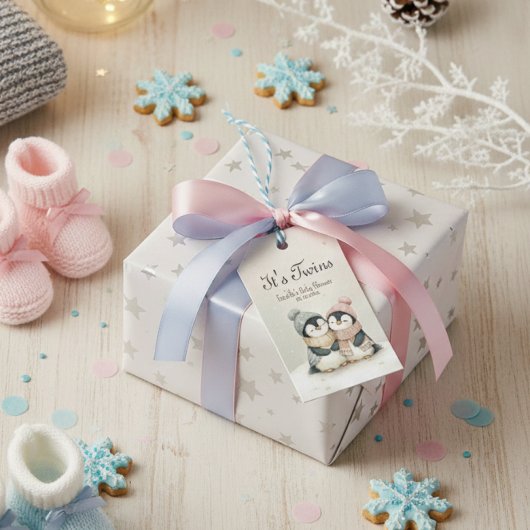 Its Twins penguin Winter Baby Shower Boy Girl Cadeaulabel