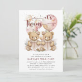 IT'S TWINS roze ballonnen Teddy Bears Baby shower Kaart (Staand voorkant)