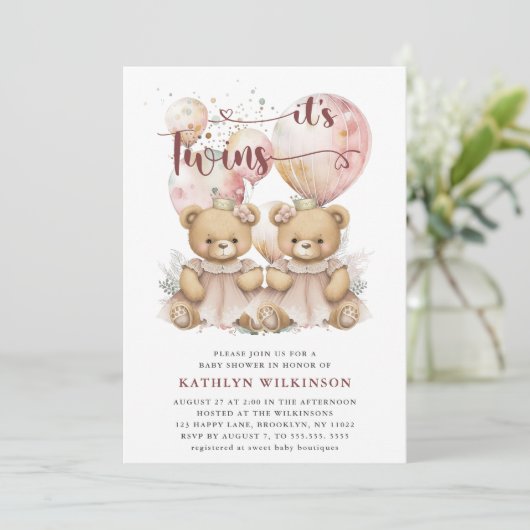 IT'S TWINS roze ballonnen Teddy Bears Baby shower Kaart (Staand voorkant)