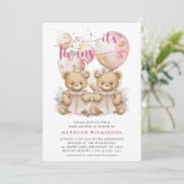 IT'S TWINS roze ballonnen Teddy Bears Baby shower Kaart (Staand voorkant)