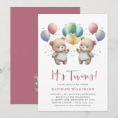 IT'S TWINS roze ballonnen Teddy Bears Baby shower Kaart (Voorkant / Achterkant)