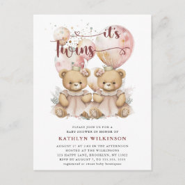 IT'S TWINS roze ballonnen Teddy Bears Baby shower Uitnodiging Briefkaart