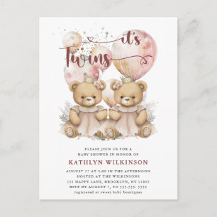 IT'S TWINS roze ballonnen Teddy Bears Baby shower Uitnodiging Briefkaart