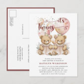 IT'S TWINS roze ballonnen Teddy Bears Baby shower Uitnodiging Briefkaart (Voorkant / Achterkant)