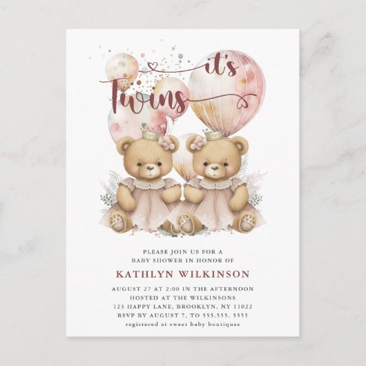 IT'S TWINS roze ballonnen Teddy Bears Baby shower Uitnodiging Briefkaart (Voorkant)