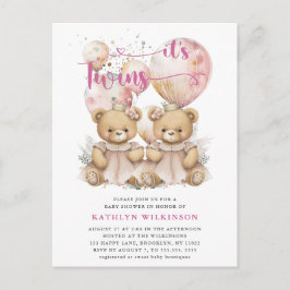 IT'S TWINS roze ballonnen Teddy Bears Baby shower Uitnodiging Briefkaart