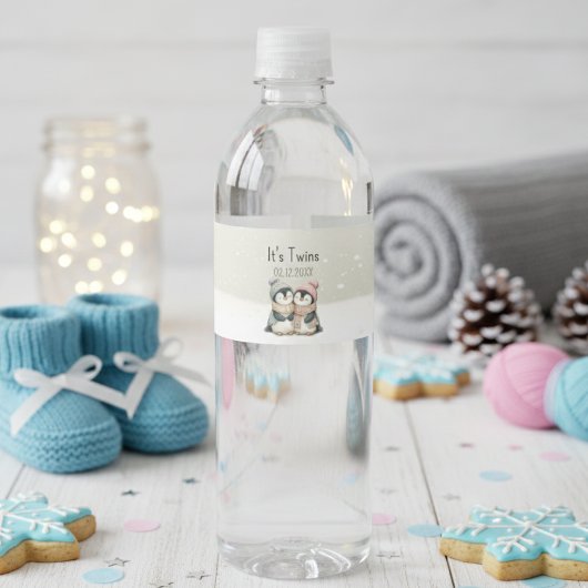 Its Twins Winter penguin Baby Shower theme  Waterfles Etiket