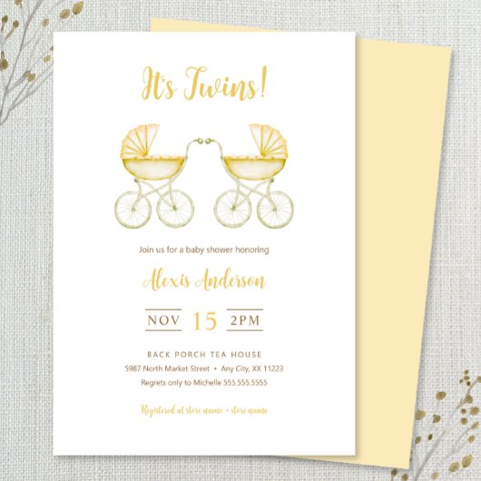 It's Twins with yellow Carriages Baby Shower Kaart