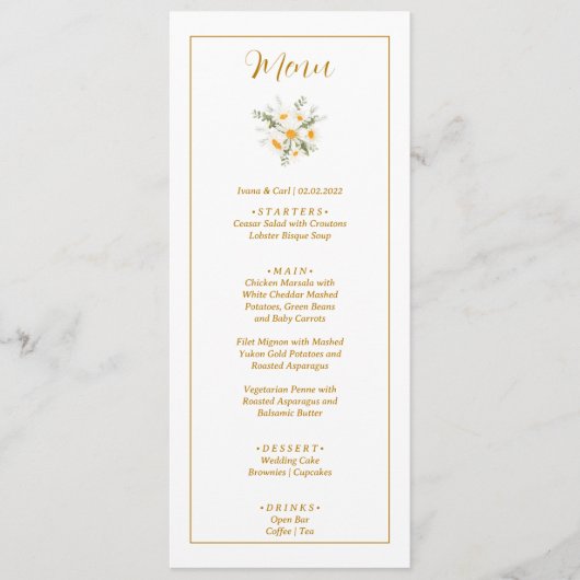 IVANA Elegant Geel & Wit Bloem Bruiloft Menu (Voorkant)