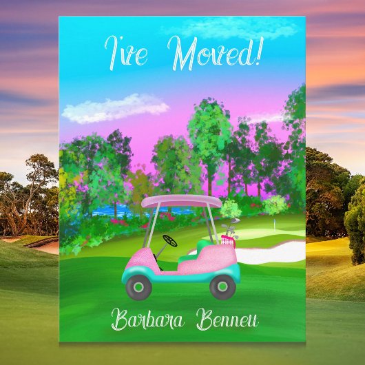 I've Moved Sunset Golf Course Pink Golf Cart  Briefkaart