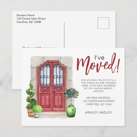 Ive Moved Waterverf Red Deuraankondiging Aankondigingskaart (Voorkant / Achterkant)