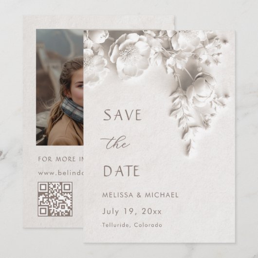 Ivoor 3D Bloemen Bruiloft Save The Date (Voorkant / Achterkant)