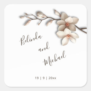 Ivoor 3D Magnolia Bloemen Trouwen Vierkante Sticker