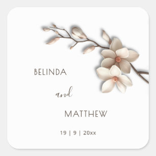 Ivoor 3D Magnolia Bloemen   Trouwen Vierkante Sticker