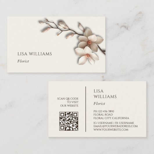 Ivoor 3D Magnolia Rustiek | QR Code Visitekaartje (Voorkant / Achterkant)