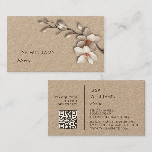 Ivoor 3D Magnolia Rustiek | QR Code Visitekaartje (Voorkant / Achterkant)