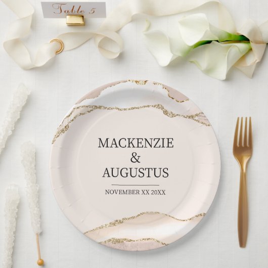 Ivoor Agaat & Goud Glitter Bruid en bruidegom Brui Papieren Bordje (Huwelijk)