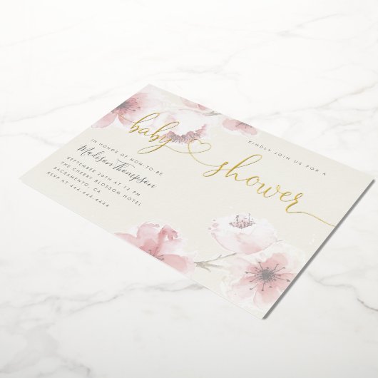 Ivoor | Baby shower Cherry Blossom Gold Floral Folie Uitnodiging (Gedraaid)