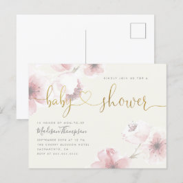 Ivoor | Baby shower Cherry Blossom Gold Floral Uitnodiging Briefkaart