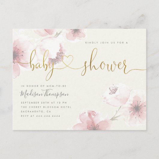Ivoor | Baby shower Cherry Blossom Gold Floral Uitnodiging Briefkaart (Voorkant)
