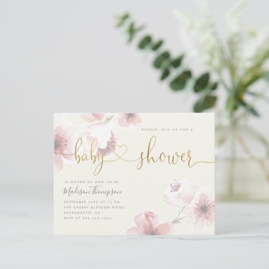 Ivoor | Baby shower Cherry Blossom Gold Floral Uitnodiging Briefkaart (Staand voorkant)