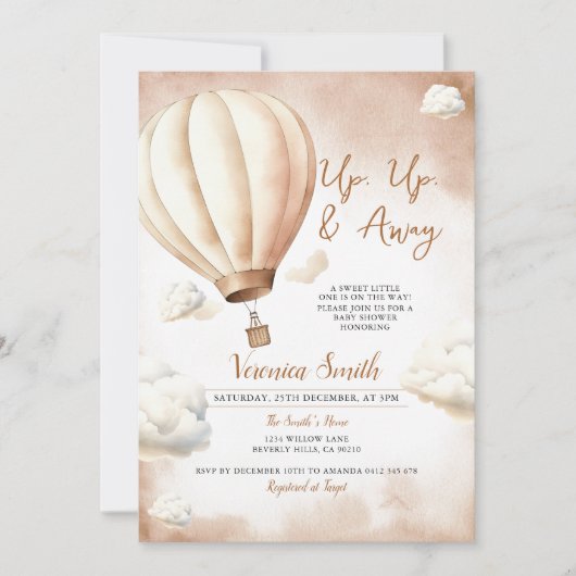 Ivoor Baby shower hete luchtballon, omhoog en weg Kaart (Voorkant)
