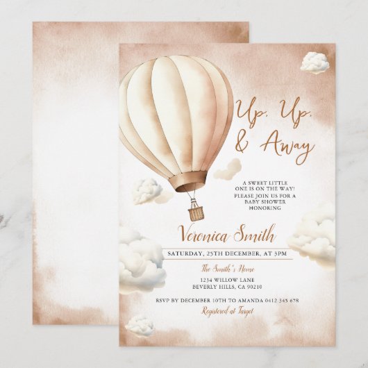 Ivoor Baby shower hete luchtballon, omhoog en weg Kaart (Voorkant / Achterkant)