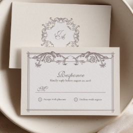 Ivoor Barok Bruiloft RSVP Kaart met Monogram